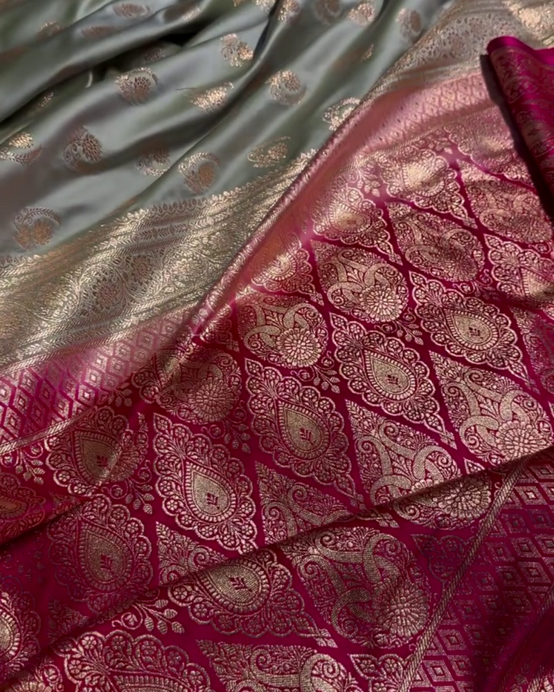 Charulata - Green Katan Silk Saree with Zari Boota and Pink Border