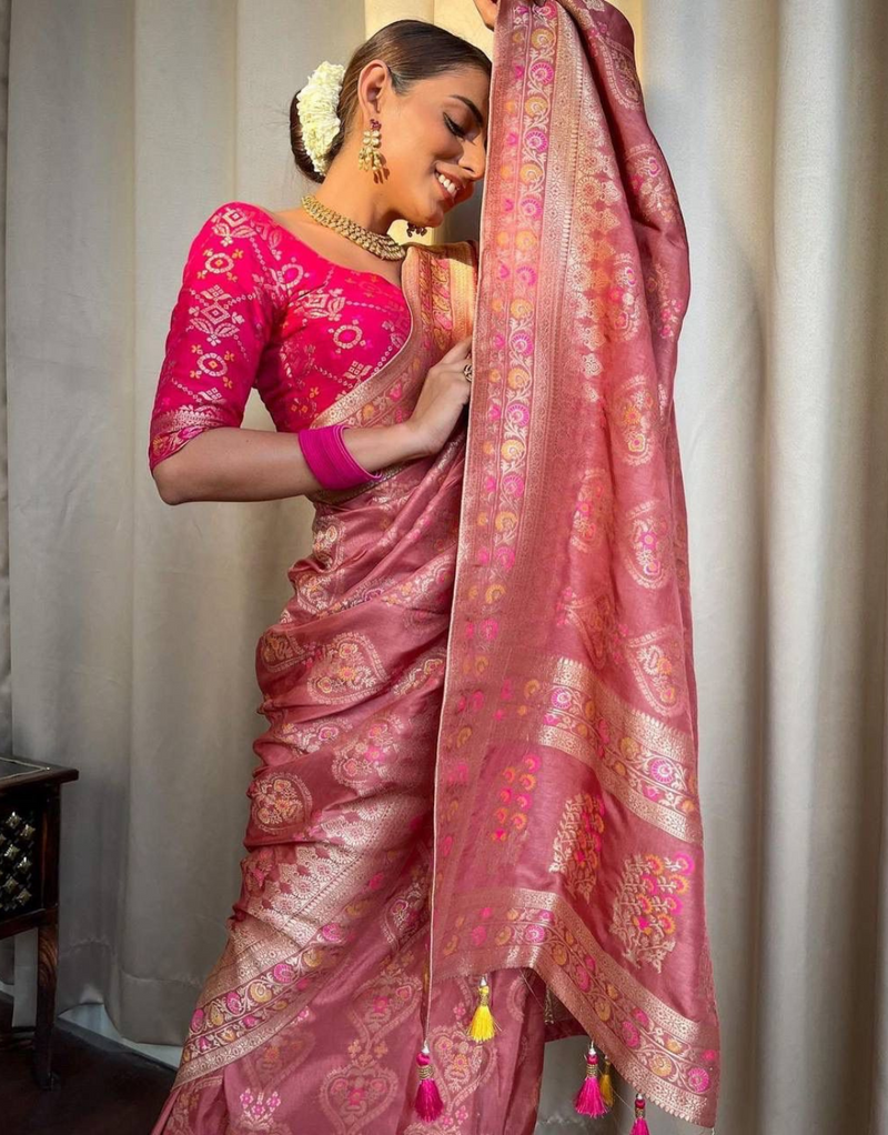 Tisha Pestal Pink Soft Banarasi Saree With Attached Blouse