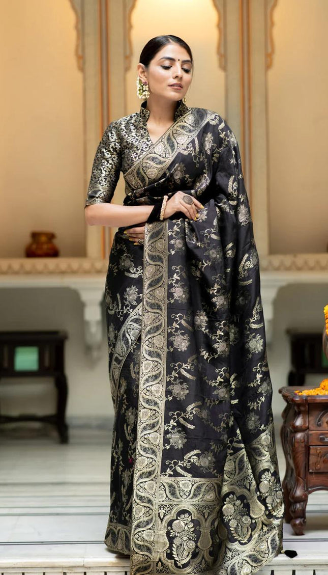Hema Black Banarasi Silk Saree WIth Fabulouse Blouse Piece