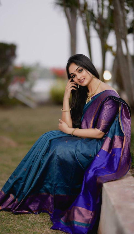 Blue Soft Lichi Silk Jacquard Work Saree