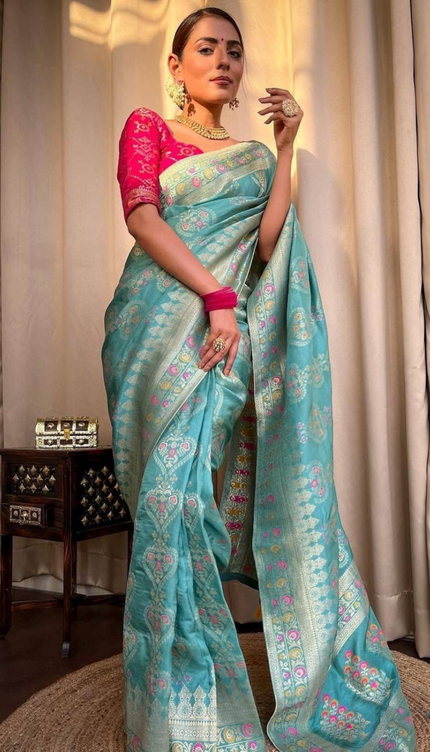 Tisha Sky Blue  Soft Banarasi Saree With Attached Blouse
