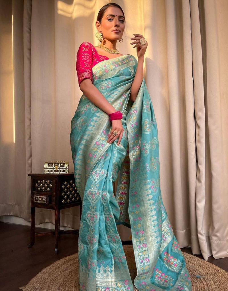 Tisha Sky Blue  Soft Banarasi Saree With Attached Blouse