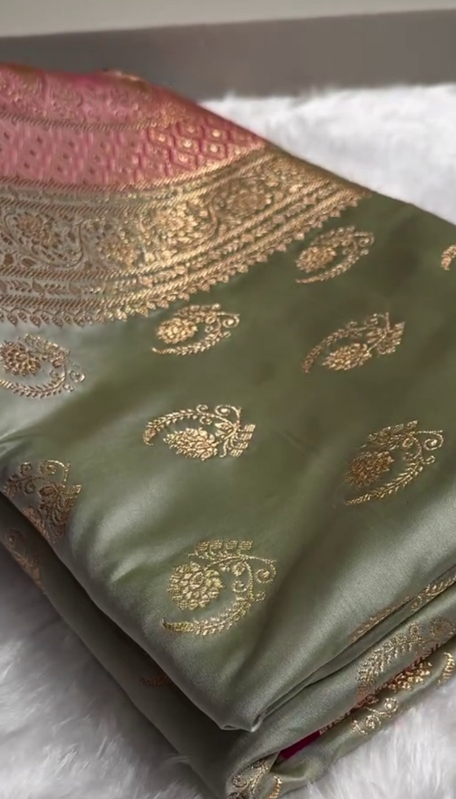 Charulata - Green Katan Silk Saree with Zari Boota and Pink Border