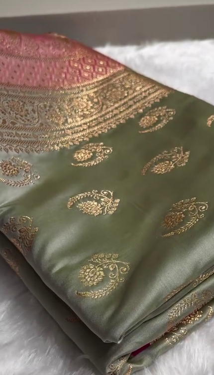 Charulata - Green Katan Silk Saree with Zari Boota and Pink Border