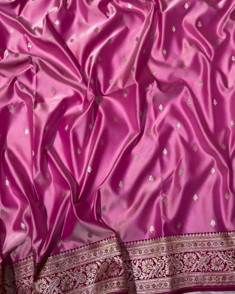 Tanirika - Pink Mashru Silk Saree with Golden Zari Butta & Royal Woven Pallu