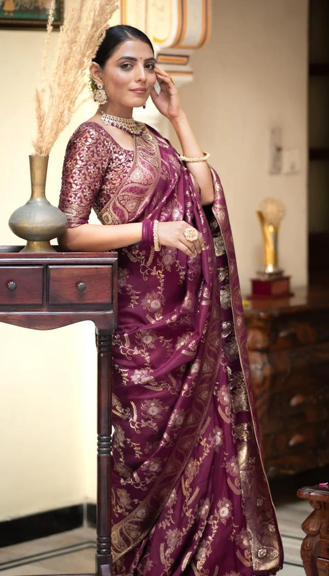 Hema Wine Banarasi Silk Saree WIth Fabulouse Blouse Piece