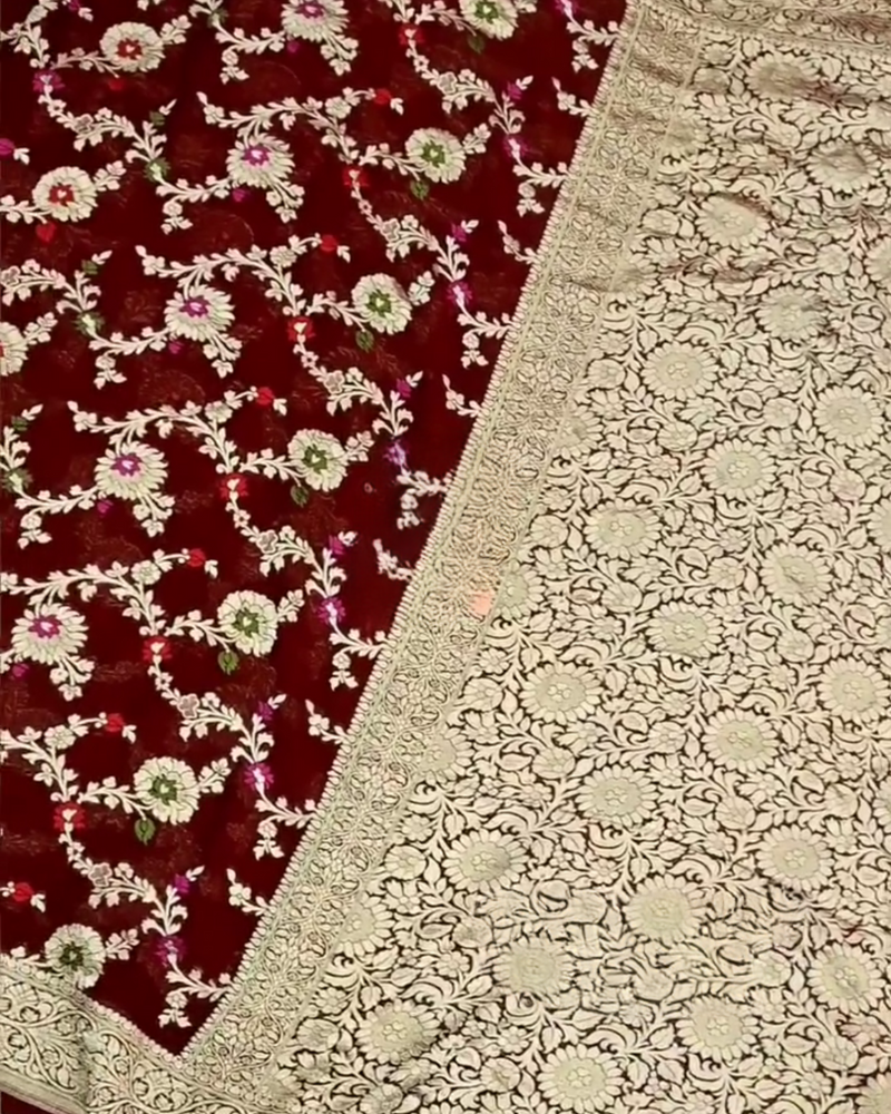 Kusum – Maroon Banarasi Silk Saree with Multi-Coloured Zari Floral Weaving