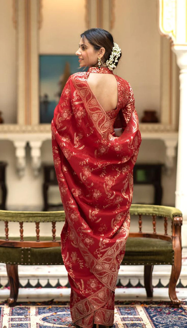Hema Red Banarasi Silk Saree WIth Fabulouse Blouse Piece