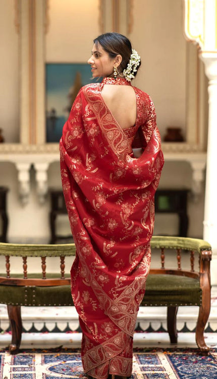 Hema Red Banarasi Silk Saree WIth Fabulouse Blouse Piece