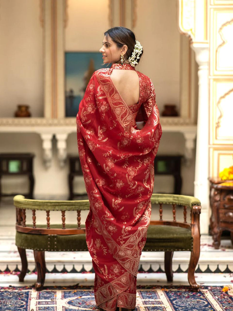 Hema Red Banarasi Silk Saree WIth Fabulouse Blouse Piece