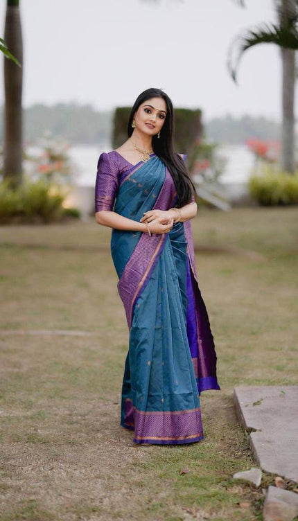 Blue Soft Lichi Silk Jacquard Work Saree