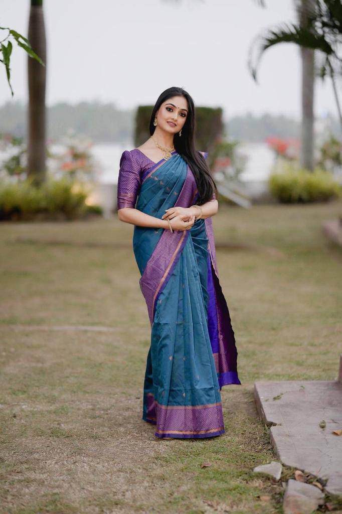 Blue Soft Lichi Silk Jacquard Work Saree