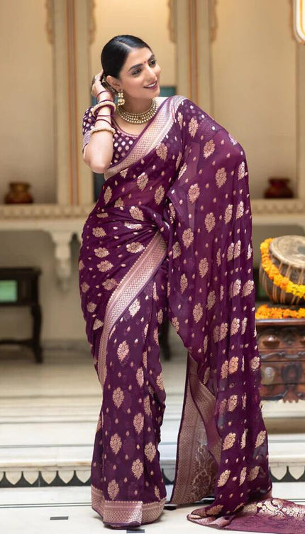 Wine Jacquard Work Banarasi Silk Saree