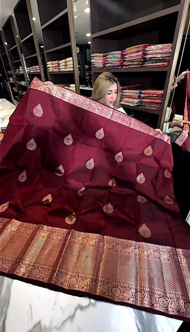 Adorable Wine Soft Silk Saree With Evocative Blouse Piece