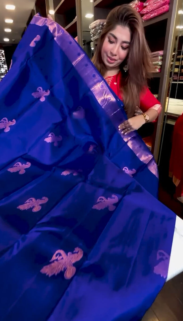Fantabulous Royal Blue Soft Banarasi Silk Saree With Inimitable Blouse Piece