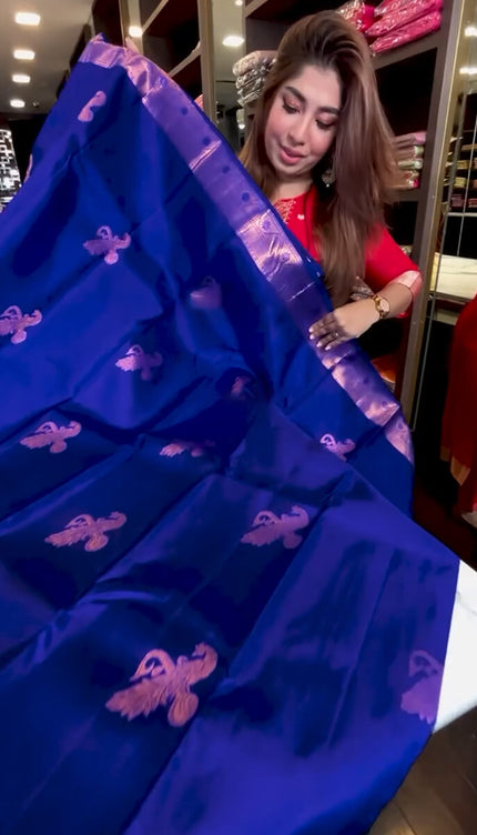 Fantabulous Royal Blue Soft Banarasi Silk Saree With Inimitable Blouse Piece