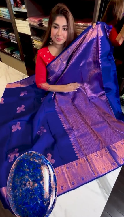 Fantabulous Royal Blue Soft Banarasi Silk Saree With Inimitable Blouse Piece