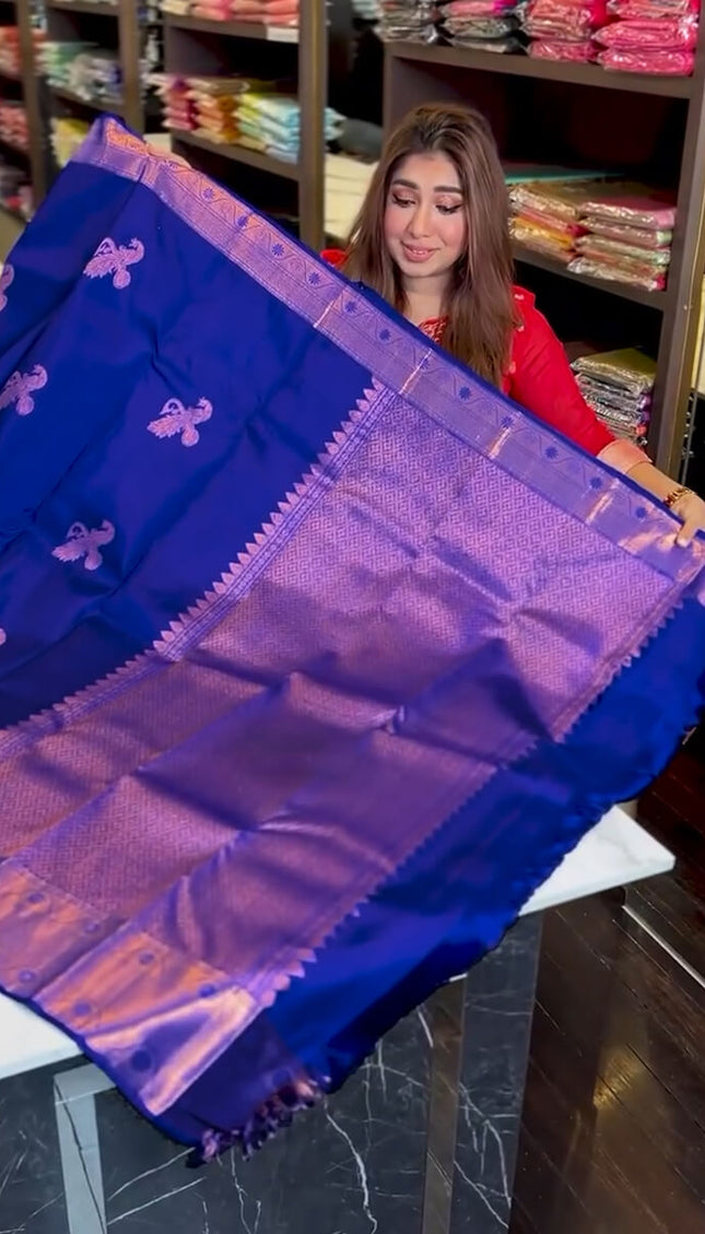 Fantabulous Royal Blue Soft Banarasi Silk Saree With Inimitable Blouse Piece
