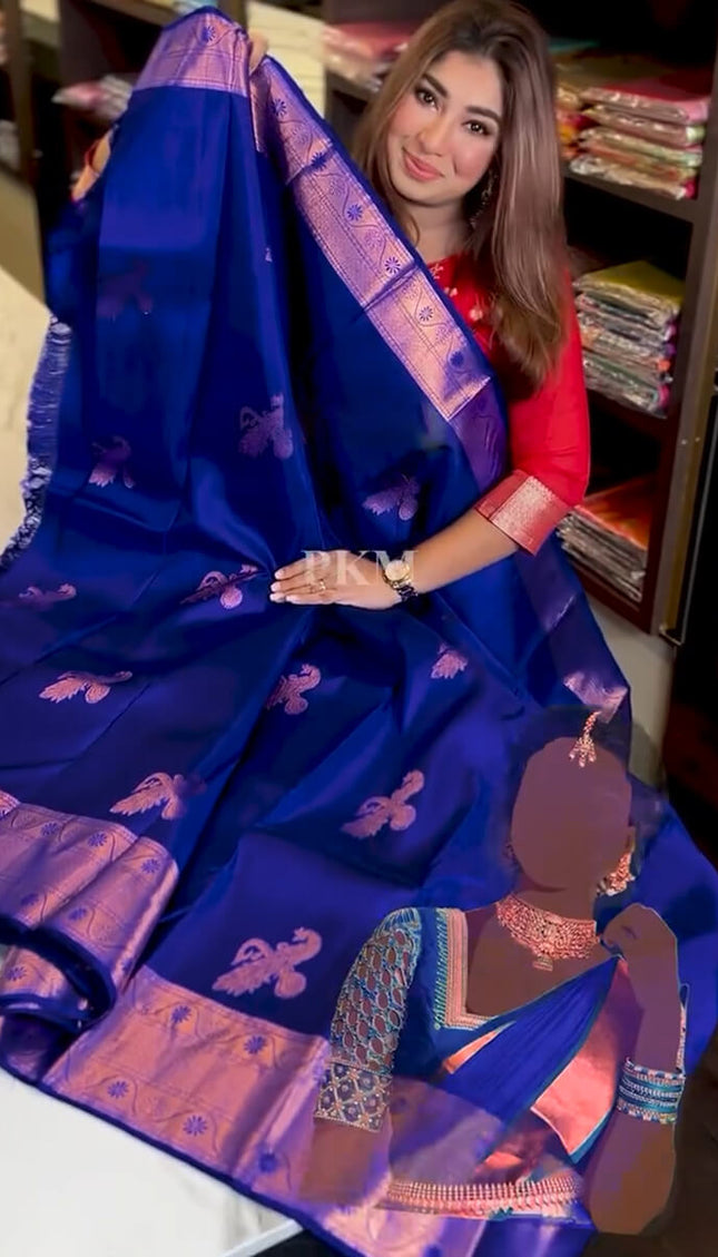 Fantabulous Royal Blue Soft Banarasi Silk Saree With Inimitable Blouse Piece