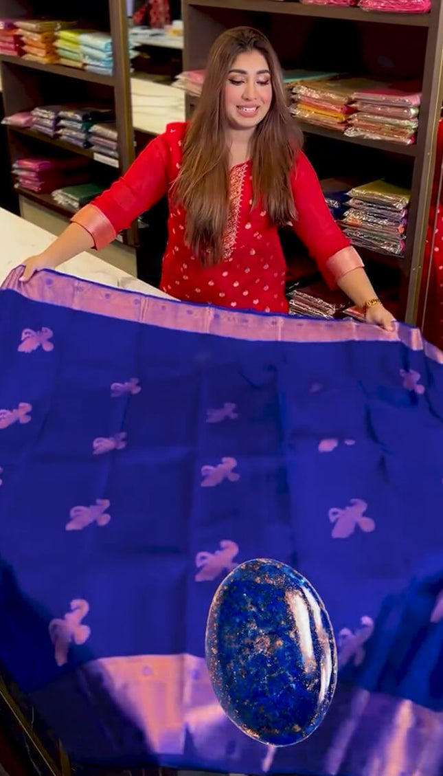 Fantabulous Royal Blue Soft Banarasi Silk Saree With Inimitable Blouse Piece