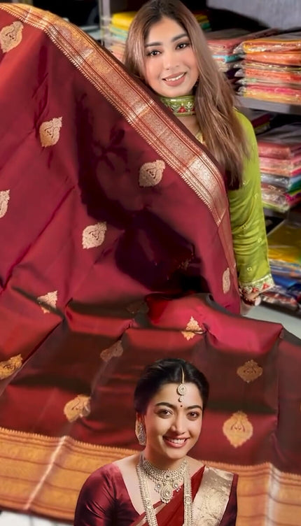 Splendorous Wine Soft Banarasi Silk Saree With Nebula Blouse Piece