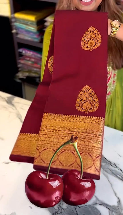 Inimitable Wine Soft Banarasi Silk Saree With Evocative Blouse Piece