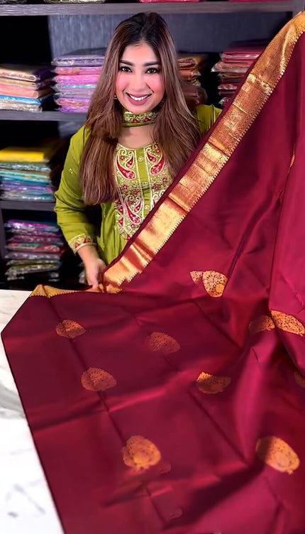 Inimitable Wine Soft Banarasi Silk Saree With Evocative Blouse Piece
