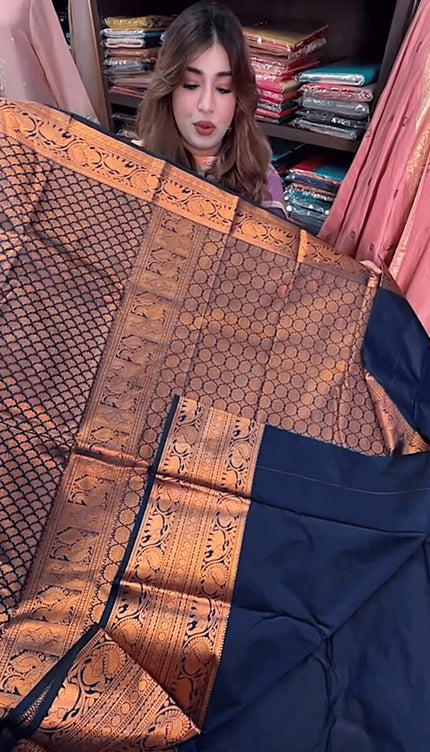 Surreptitious Navy Blue Soft Banarasi Silk Saree With Unique Blouse Piece