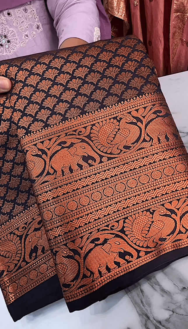 Surreptitious Navy Blue Soft Banarasi Silk Saree With Unique Blouse Piece