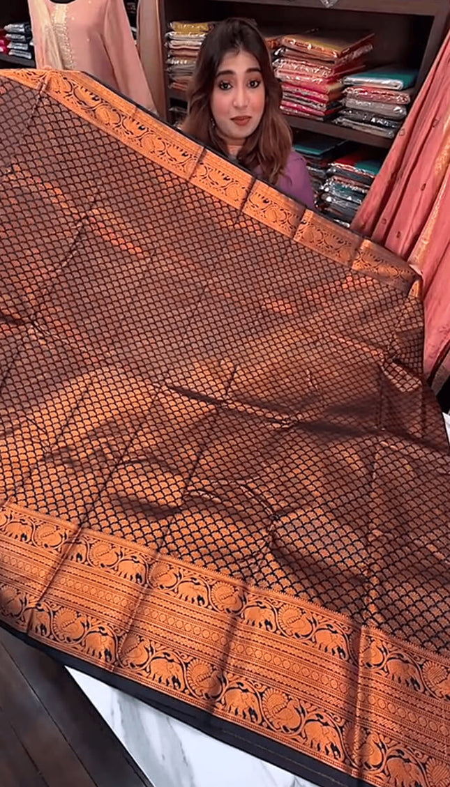 Surreptitious Navy Blue Soft Banarasi Silk Saree With Unique Blouse Piece
