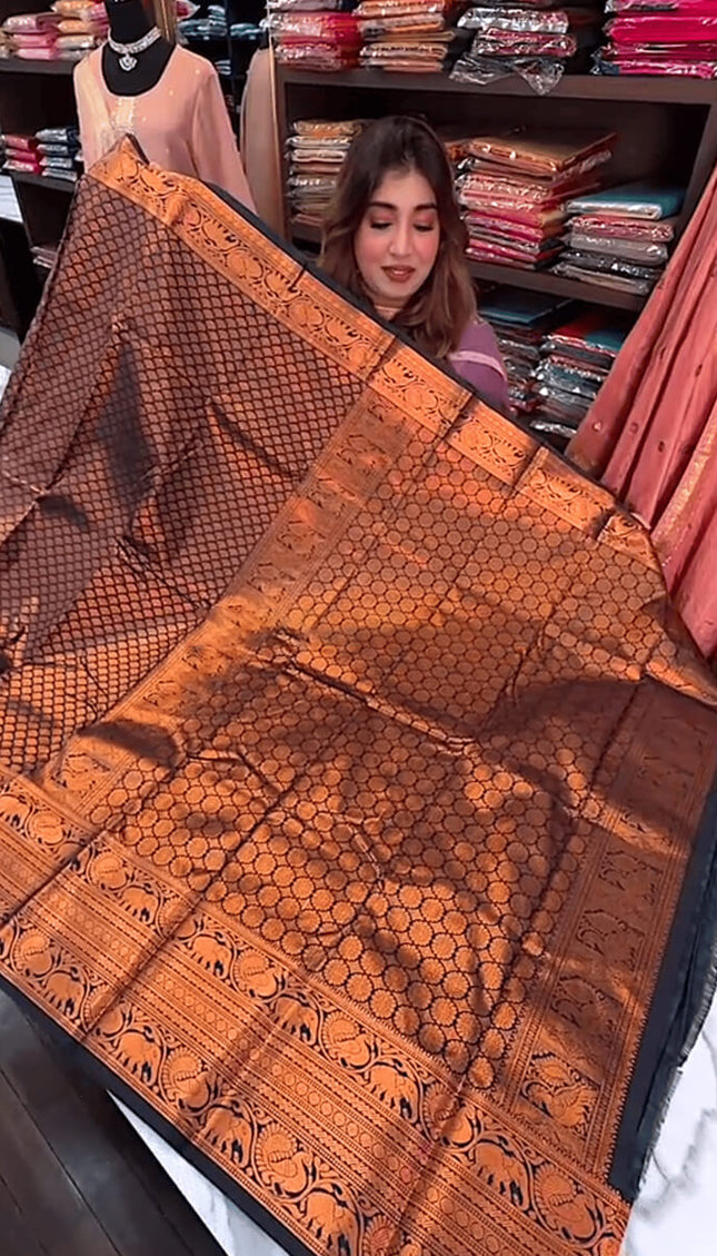 Surreptitious Navy Blue Soft Banarasi Silk Saree With Unique Blouse Piece