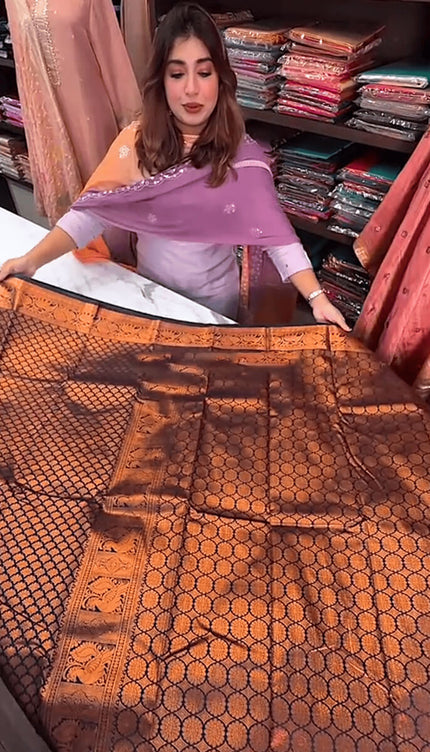 Surreptitious Navy Blue Soft Banarasi Silk Saree With Unique Blouse Piece