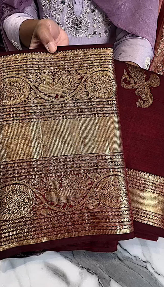 Enthralling Wine Soft Banarasi Silk Saree With Petrichor Blouse Piece