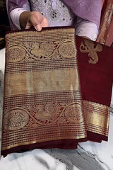 Enthralling Wine Soft Banarasi Silk Saree With Petrichor Blouse Piece