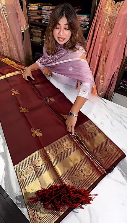 Enthralling Wine Soft Banarasi Silk Saree With Petrichor Blouse Piece