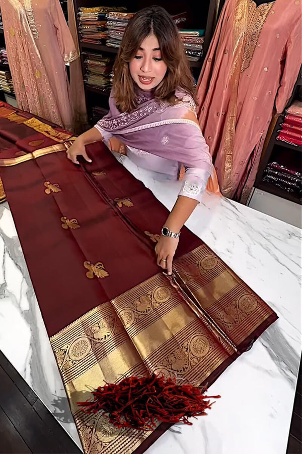 Enthralling Wine Soft Banarasi Silk Saree With Petrichor Blouse Piece