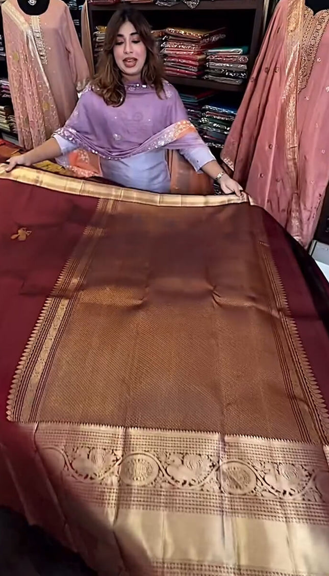 Enthralling Wine Soft Banarasi Silk Saree With Petrichor Blouse Piece