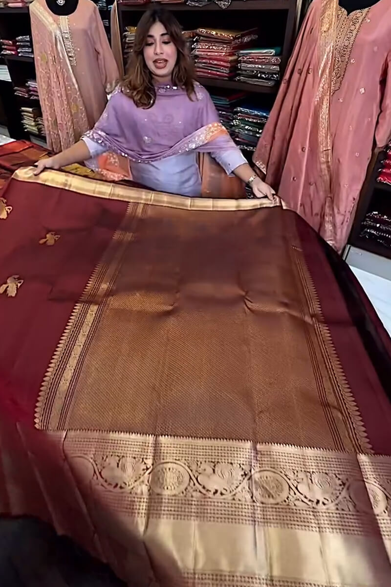 Enthralling Wine Soft Banarasi Silk Saree With Petrichor Blouse Piece