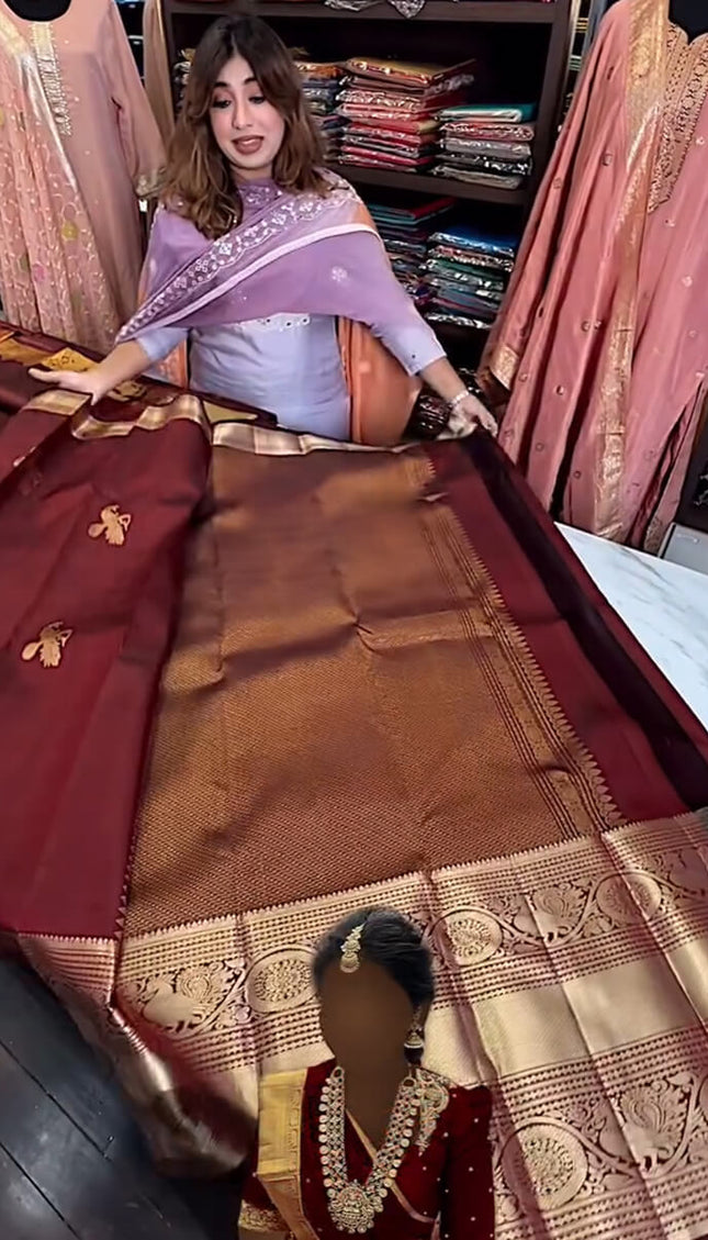 Enthralling Wine Soft Banarasi Silk Saree With Petrichor Blouse Piece