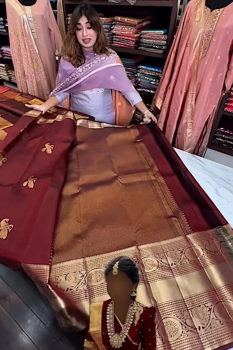 Enthralling Wine Soft Banarasi Silk Saree With Petrichor Blouse Piece