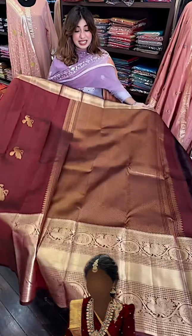Enthralling Wine Soft Banarasi Silk Saree With Petrichor Blouse Piece