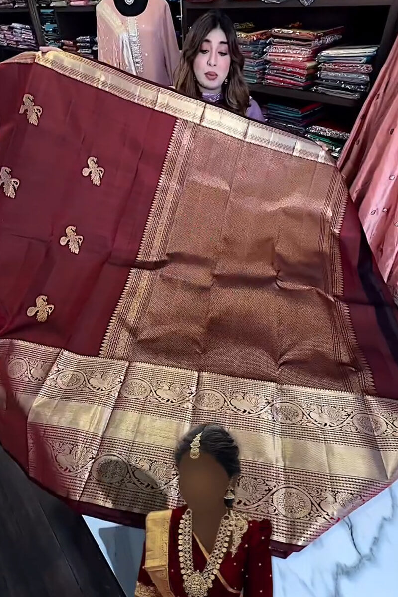 Enthralling Wine Soft Banarasi Silk Saree With Petrichor Blouse Piece