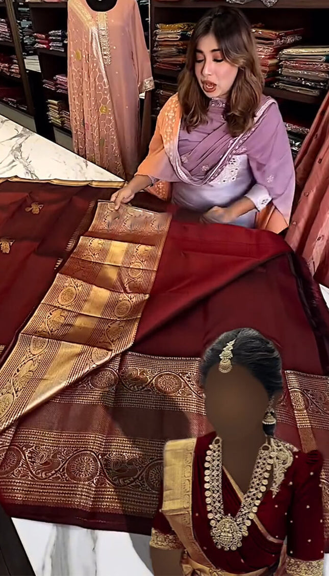 Enthralling Wine Soft Banarasi Silk Saree With Petrichor Blouse Piece