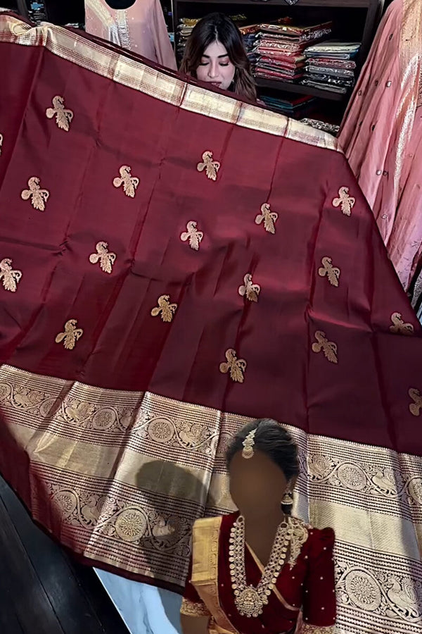Enthralling Wine Soft Banarasi Silk Saree With Petrichor Blouse Piece