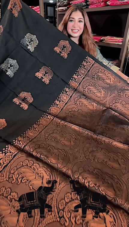 Gratifying Black Soft Banarasi Silk Saree With Intricate Blouse Piece
