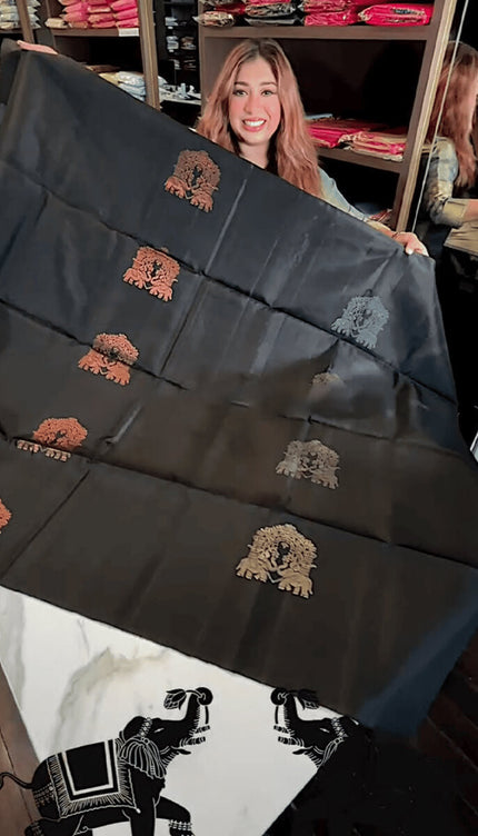 Gratifying Black Soft Banarasi Silk Saree With Intricate Blouse Piece