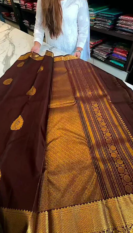 Tantalizing Brown Soft Banarasi Silk Saree With Prominent Blouse Piece