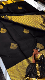 Beautiful Black Soft Banarasi Silk Saree With Snazzy Blouse Piece