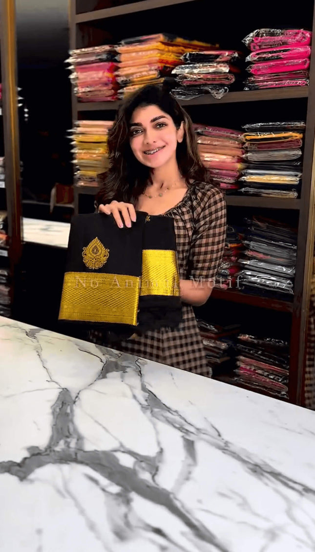 Beautiful Black Soft Banarasi Silk Saree With Snazzy Blouse Piece