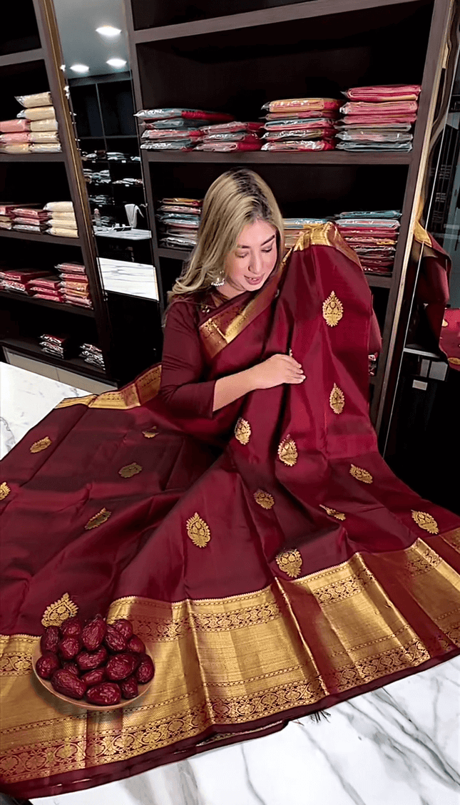 Eclat Maroon Soft Banarasi Silk Saree With Flameboyant Blouse Piece